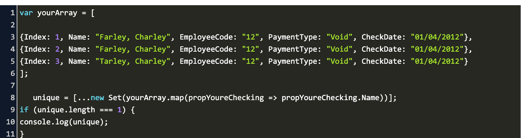 array of objects how to check if property has duplicate Code Example