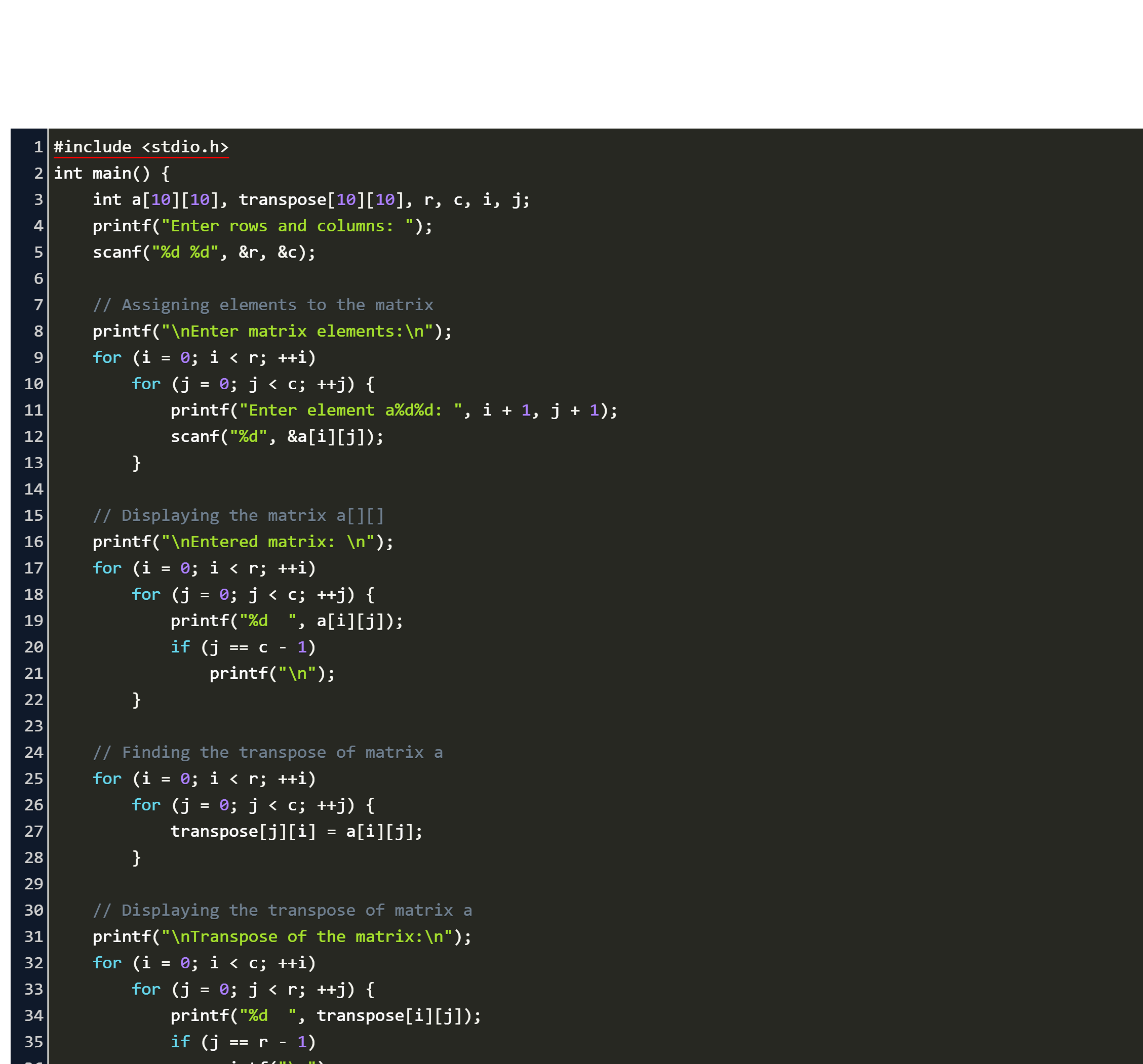 C Program To Perform Transpose Of A Matrix Code Example