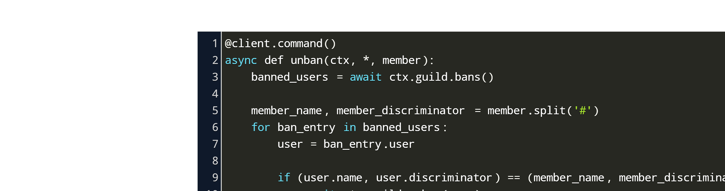 Discord Py Unban Command Code Example - how to unban yourself on a game using roblox studio