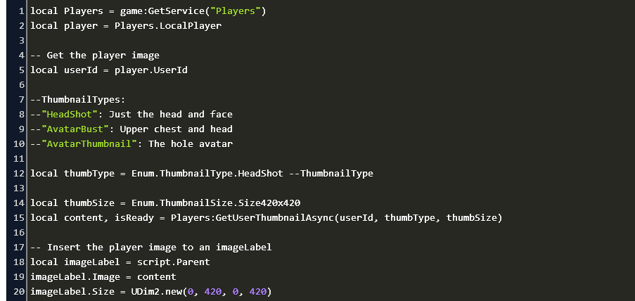 Display Players Image Roblox Code Example - roblox hash player script