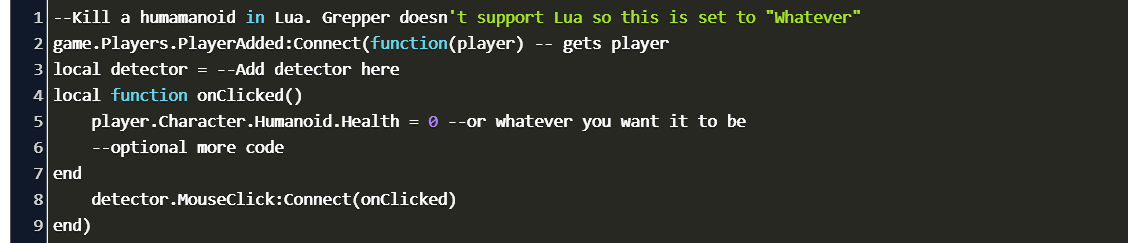 How To Kill Humanoid With Click Detector Roblox Code Example - kill player script roblox
